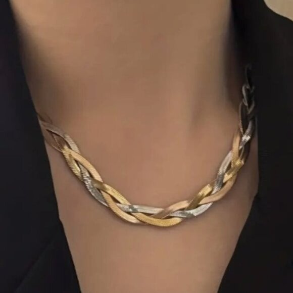 14k Gold Plated Tri-Colored Braided Snake Chain Stainless Steel Necklace - Picture 1 of 7